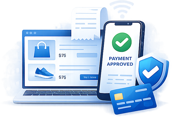 Online payment approval and ecommerce transaction graphic